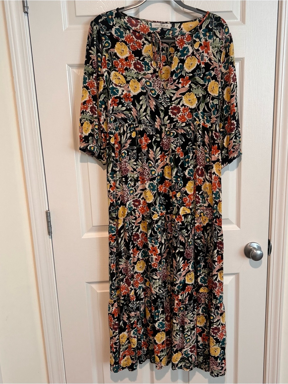 NATURAL LIFE Black Floral Tiered Midi Dress with Yellow & Orange Blooms